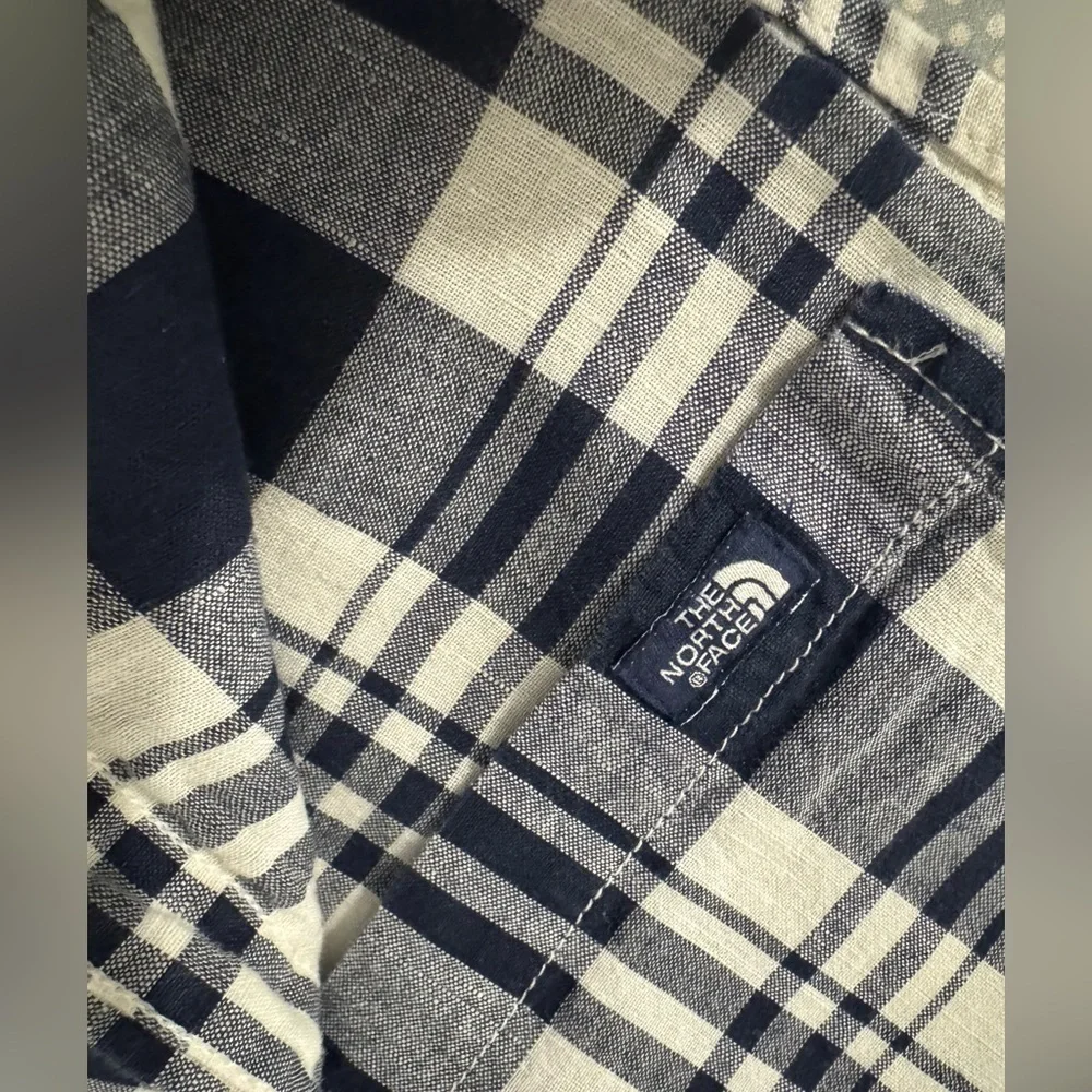 The North Face Plaid Linen Blend Shirt Long Sleeve Blue White Men's Size Large